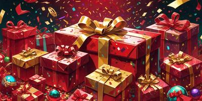 The primary subject of the image is a group of red and gold wrapped presents. The setting is a colorful background, possibly a painting or digital artwork. The visual style is a combination of photo and digital art, creating a vibrant and festive atmosphere. The colors and mood are predominantly red and gold, symbolizing joy and celebration.